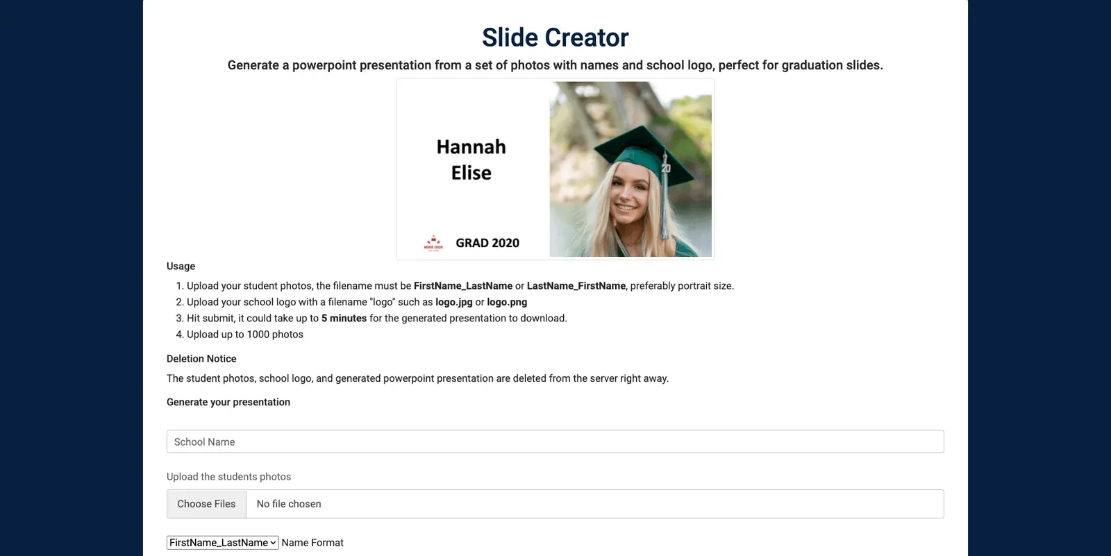 Slide Creator upload form beside a sample graduation slide.